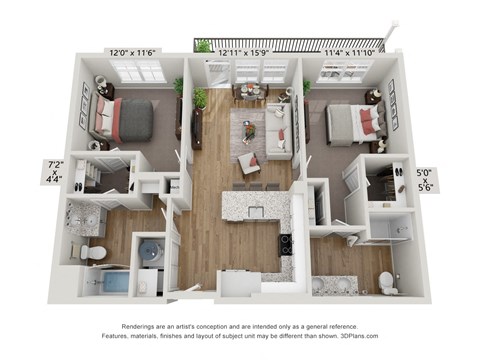 Floor plan for 2 beds, 2 baths, 999 sqft